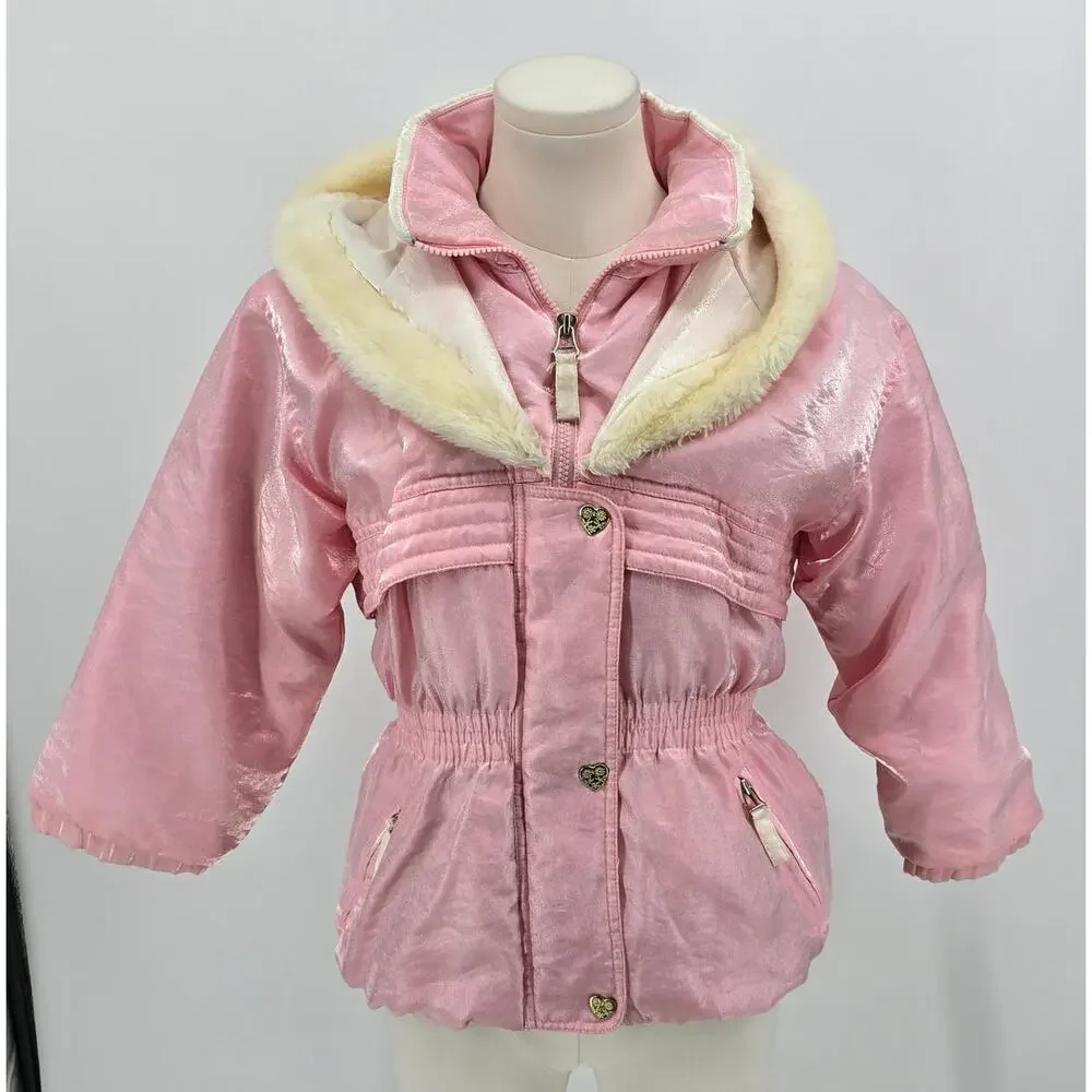 Vintage Y2K Copper Key Retro Cabincore Pink Shimmer Jacket with Faux‎ Fur Hood